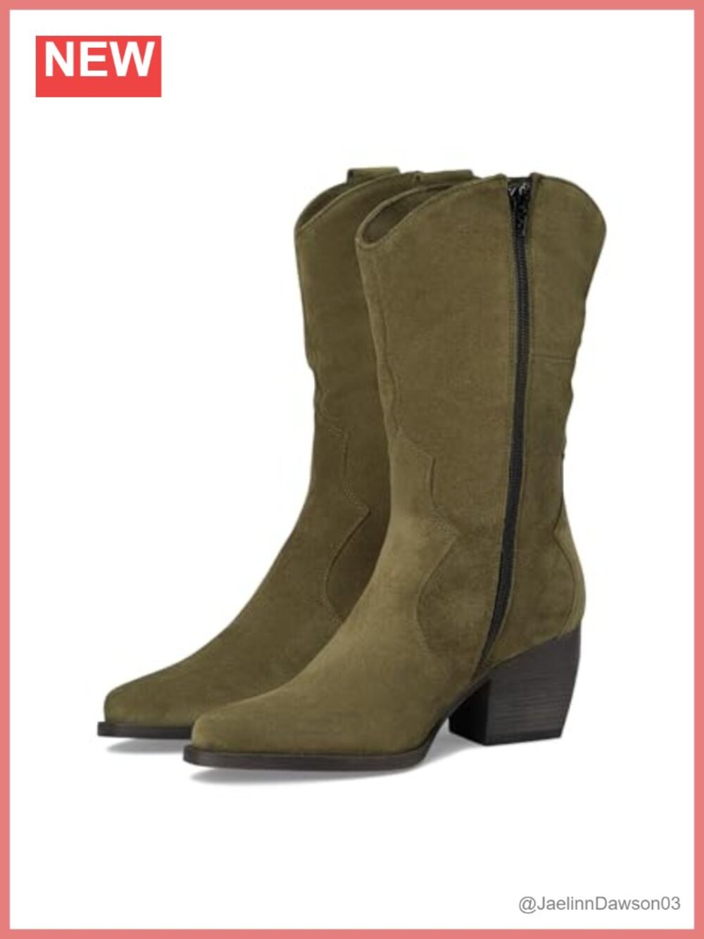 Leather Mid Calf Western Boot Snip Toe Block Heel Zip Up Calf High